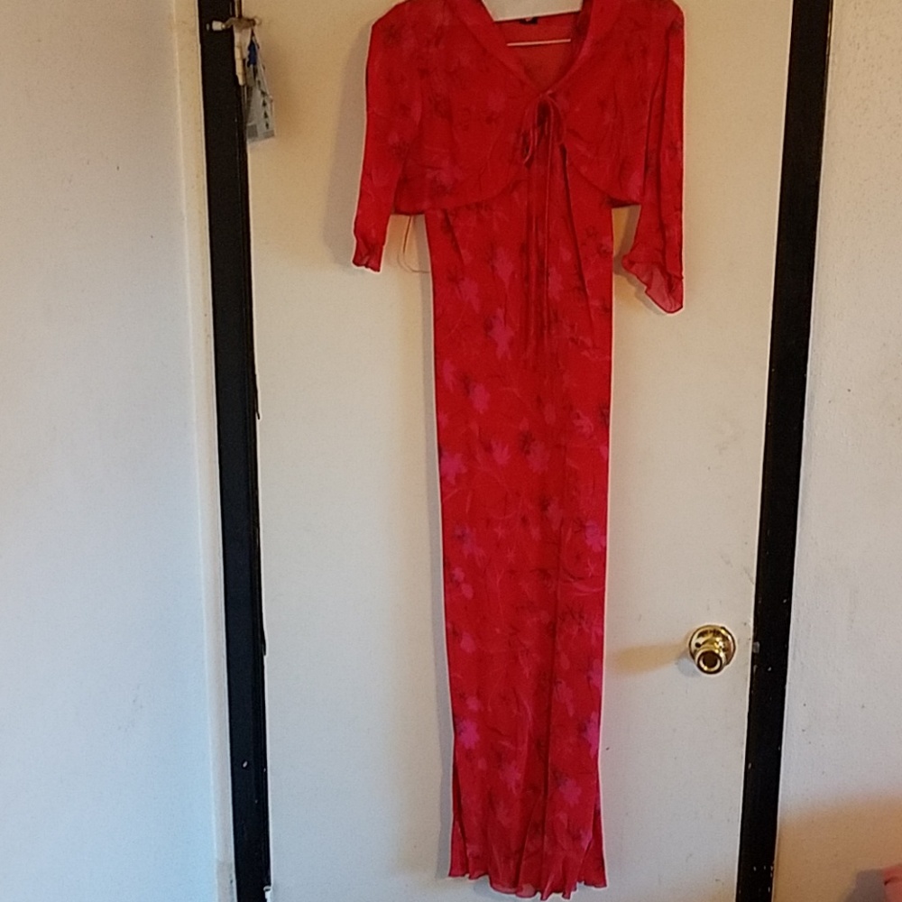 Red full length dress with removable shawl